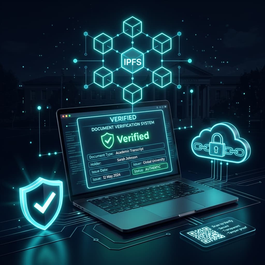 Ilustrasi sistem verifikasi dokumen akademik DocuVerify UNY — menampilkan laptop dengan antarmuka verifikasi, jaringan IPFS, dan QR Code